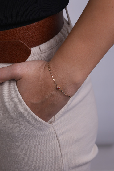 14 Ayar Altın Aynalı Zincir Kırmızı Taşlı Bileklik - Naze Kuyumculuk