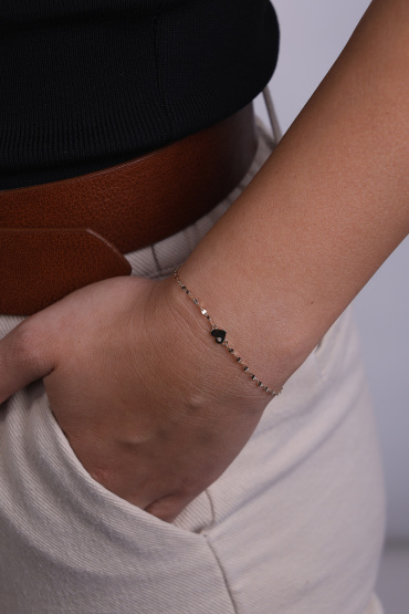 14 Ayar Altın Aynalı Zincir Taşlı Kalp Model Bileklik - Naze Kuyumculuk