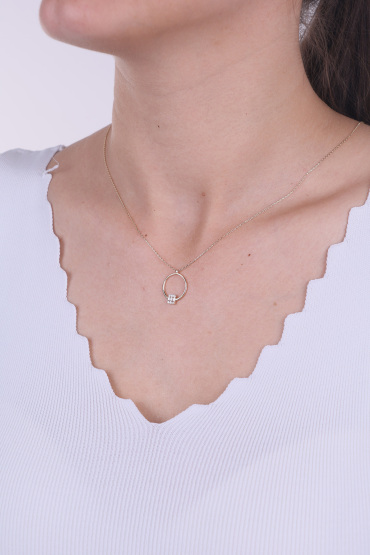 14 Ayar Altın Baget Taşlı Çember Kolye - Naze Kuyumculuk