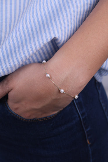 14 Ayar Altın Beyaz İncili Dorikalı Model Bileklik - Naze Kuyumculuk