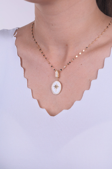 14 Ayar Altın Beyaz Mineli Kuzey Yıldızı Model Kolye Ucu Charm - Naze Kuyumculuk