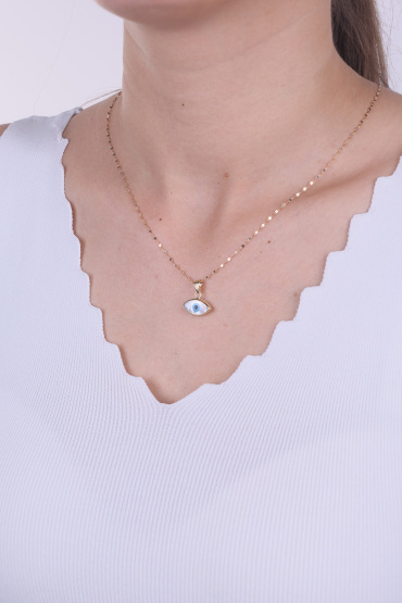 14 Ayar Altın Beyaz Mineli Mavi Göz Kolye Ucu - Naze Kuyumculuk