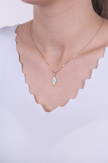 14 Ayar Altın Beyaz Mineli Mavi Gözlü Balık Kolye Ucu - Naze Kuyumculuk