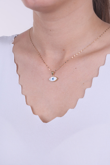 14 Ayar Altın Beyaz Mineli Mavi Gözlü Kolye Ucu - Naze Kuyumculuk