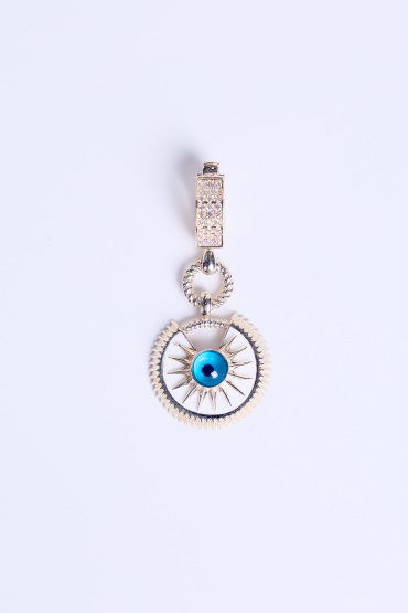 14 Ayar Altın Beyaz Mineli Mavi Gözlü Kolye Ucu Charm - Naze Kuyumculuk