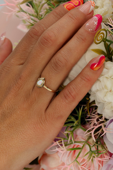 14 Ayar Altın Beyaz Sedefli Taşlı Damla Model Yüzük - Naze Kuyumculuk