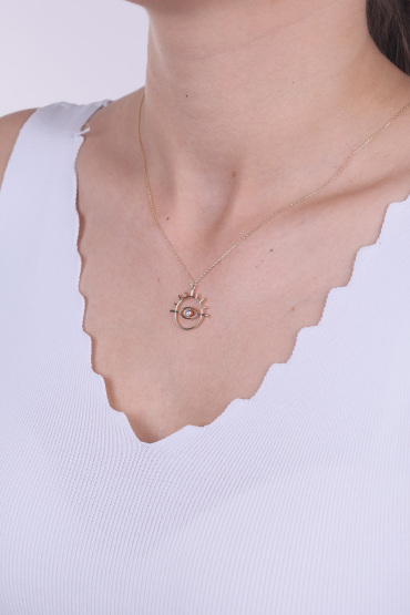 14 Ayar Altın Büyük Taşlı Göz Kolye - Naze Kuyumculuk