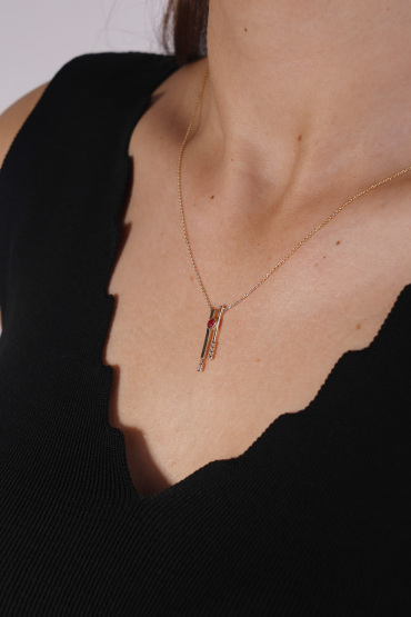 14 Ayar Altın Çift Sıra Çizgi Model Taşlı Kolye - Naze Kuyumculuk