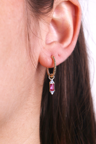 14 Ayar Altın İnce Burgulu Kırmızı Taşlı Küpe - Naze Kuyumculuk