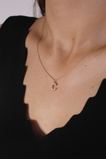 14 Ayar Altın İncili C Harf Kolye - Naze Kuyumculuk