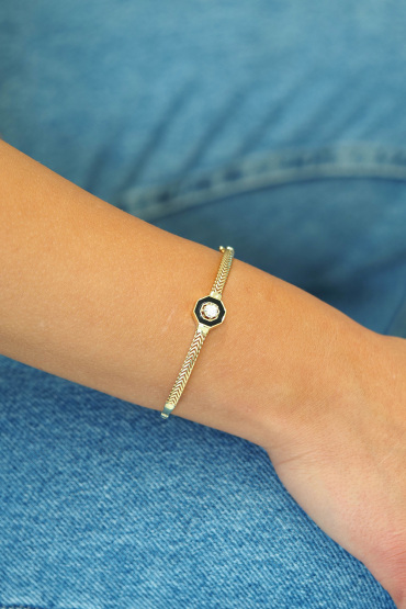 14 Ayar Altın İtalyan Siyah Mineli Tektaşlı Kelepçe - Naze Kuyumculuk