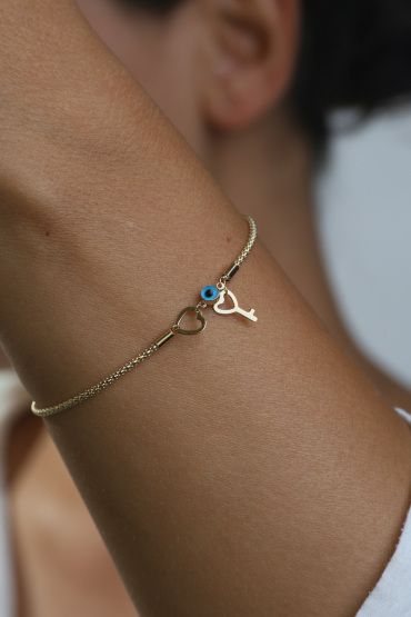 14 Ayar Altın Kalp Anahtar Model İtalyan Bileklik - Naze Kuyumculuk