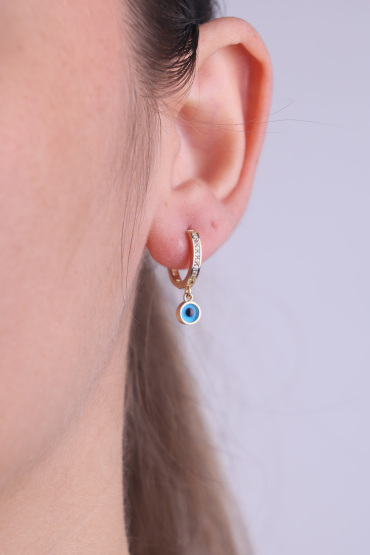 14 Ayar Altın Kenar Taşlı Mavi Gözlü Halka Küpe - Naze Kuyumculuk