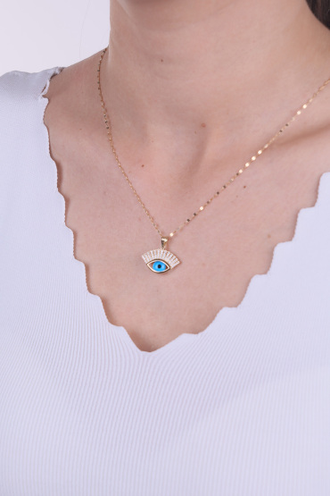 14 Ayar Altın Kenarları Taşlı Mavi Gözlü Kolye Ucu - Naze Kuyumculuk