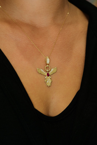 14 Ayar Altın Kırmızı Taşlı Anka Kuşu Kolye Ucu - Naze Kuyumculuk