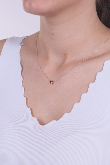 14 Ayar Altın Kırmızı Taşlı Kalp Kolye - Naze Kuyumculuk