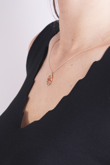 14 Ayar Altın Kırmızı Taşlı Vintage Kolye - Naze Kuyumculuk