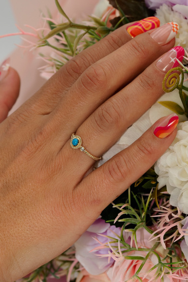 14 Ayar Altın Mavi Boncuk Günlük Yüzük - Naze Kuyumculuk