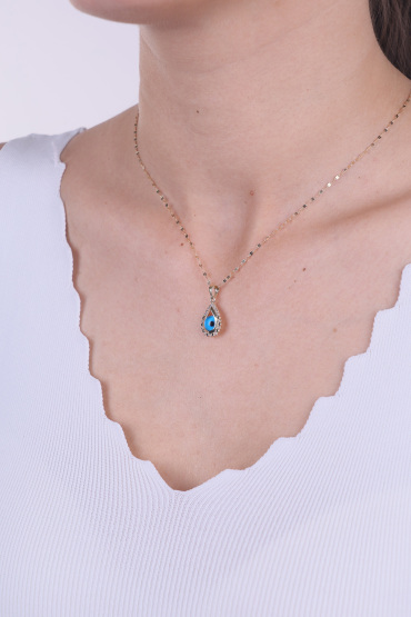 14 Ayar Altın Mavi Gözlü Damla Model Kolye Ucu - Naze Kuyumculuk