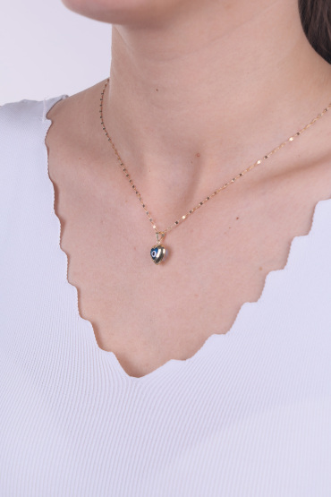 14 Ayar Altın Mavi Gözlü Kalp Kolye Ucu - Naze Kuyumculuk