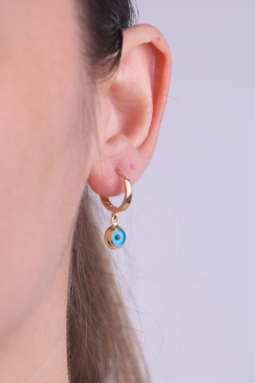 14 Ayar Altın Mavi Gözlü Sallantılı Halka Küpe - Naze Kuyumculuk