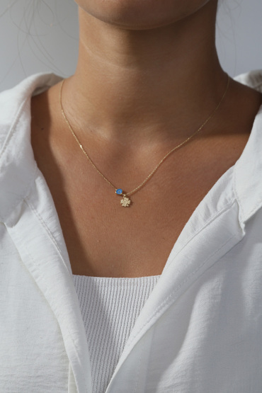 14 Ayar Altın Mavi Gözlü Taşlı Yonca Kolye - Naze Kuyumculuk