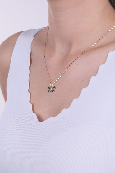 14 Ayar Altın Mavi Mineli Kelebek Kolye Ucu - Naze Kuyumculuk