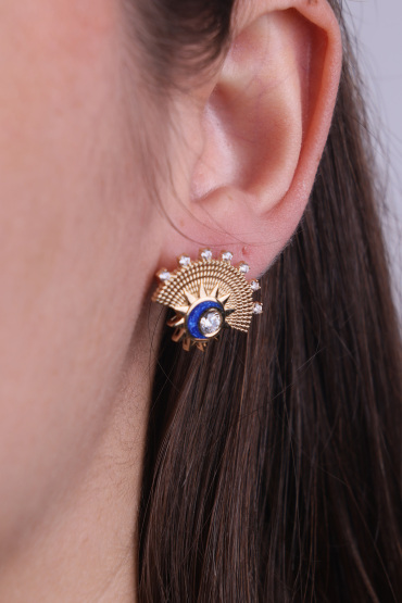 14 Ayar Altın Mavi Mineli Taşlı İtalyan Küpe - Naze Kuyumculuk