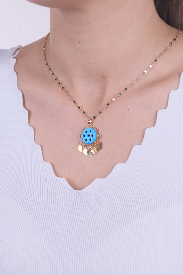 14 Ayar Altın Mavi Taşlı Fırıfır Model Süryani Gözü Kolye Ucu - Naze Kuyumculuk