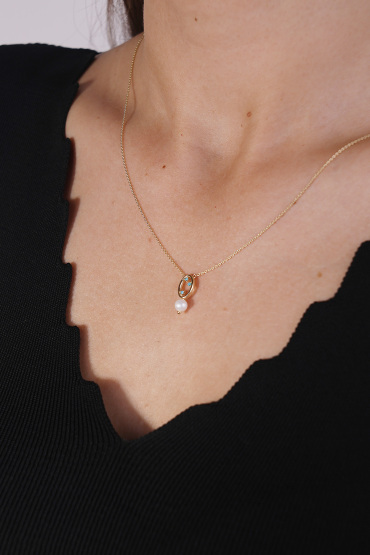 14 Ayar Altın Mavi Taşlı Oval İncili Model Kolye - Naze Kuyumculuk