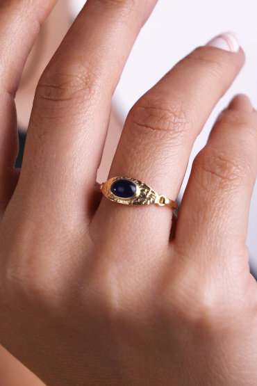 14 Ayar Altın Mavi Taşlı Retro Model Yüzük - Naze Kuyumculuk