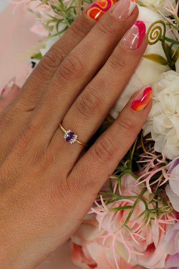 14 Ayar Altın Mor Taşlı Günlük Yüzük - Naze Kuyumculuk