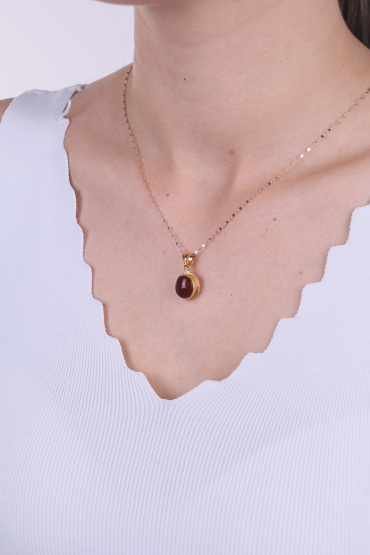 14 Ayar Altın Oval Akik Taşı Kolye Ucu - Naze Kuyumculuk