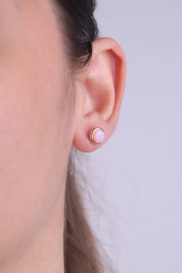 14 Ayar Altın Pembe Sedefli Taşlı Top Küpe - Naze Kuyumculuk