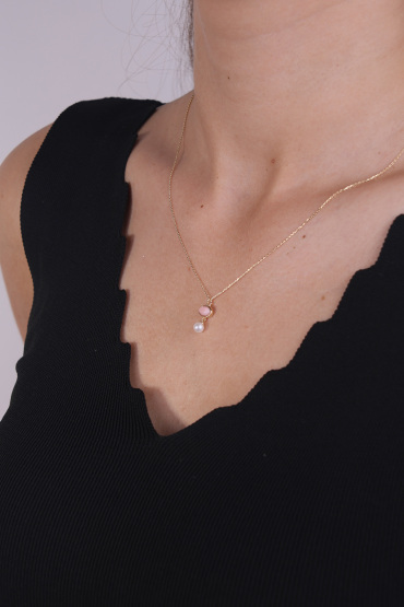 14 Ayar Altın Pembe Taşlı İncili Model Kolye - Naze Kuyumculuk