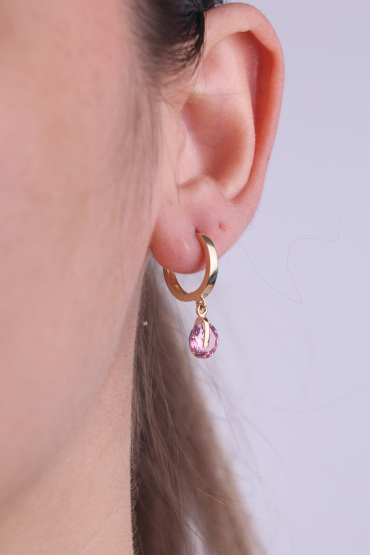 14 Ayar Altın Pembe Taşlı Sallantılı Halka Küpe - Naze Kuyumculuk