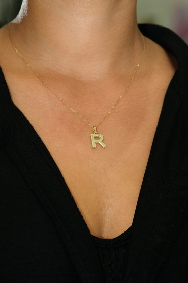 14 Ayar Altın R Harfi Aynalı Kolye Ucu - Naze Kuyumculuk