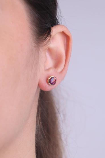 14 Ayar Altın Sedefli Kırmızı Renkli Top Küpe - Naze Kuyumculuk