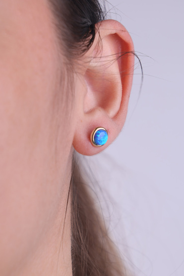 14 Ayar Altın Sedefli Mavi Renkli Top Küpe - Naze Kuyumculuk