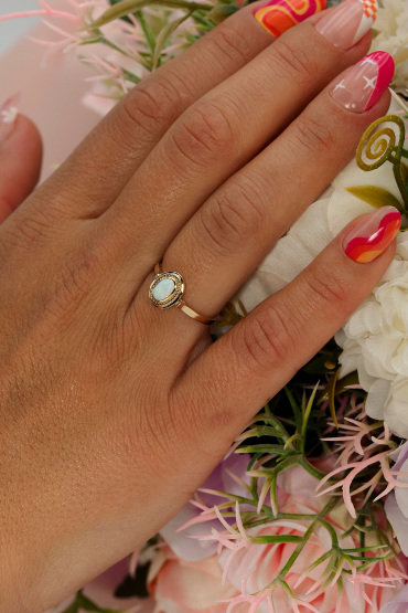 14 Ayar Altın Sedefli Taşlı Elips Yüzük - Naze Kuyumculuk