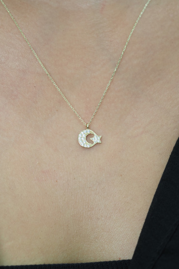 14 Ayar Altın Taşlı Ay Yıldız Kolye - Naze Kuyumculuk