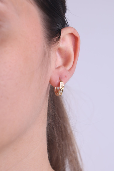 14 Ayar Altın Taşlı Çizgi Detaylı Halka Küpe - Naze Kuyumculuk