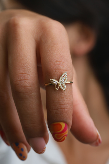 14 Ayar Altın Taşlı Kelebek Model Yüzük - Naze Kuyumculuk