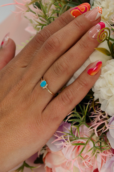 14 Ayar Altın Turkuaz Taşlı Günlük Yüzük - Naze Kuyumculuk