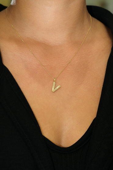 14 Ayar Altın V Harfi Aynalı Kolye Ucu - Naze Kuyumculuk