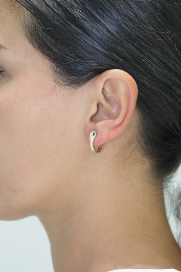 14 Ayar Altın Yeşil Gözlü Taşlı Yılan Halka Küpe - Naze Kuyumculuk