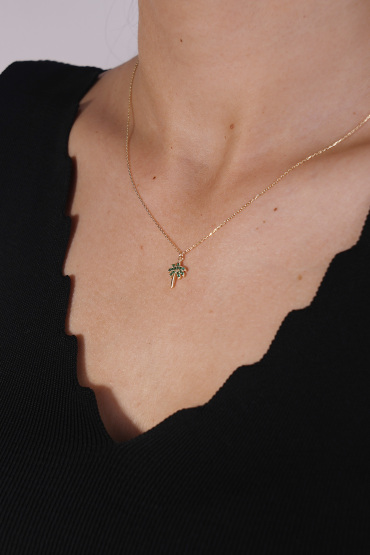 14 Ayar Altın Yeşil Taşlı Palmiye Ağaç Model Kolye - Naze Kuyumculuk