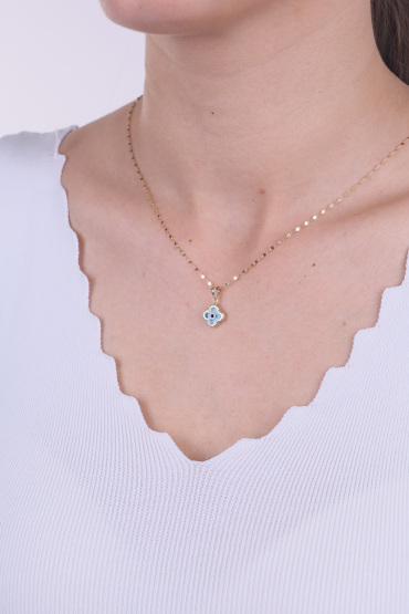 14 Ayar Altın Yoncalı Mavi Göz Kolye Ucu - Naze Kuyumculuk