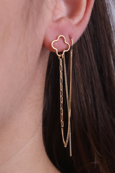 14 Ayar Altın Yoncalı Zincir Tekli Küpe - Naze Kuyumculuk